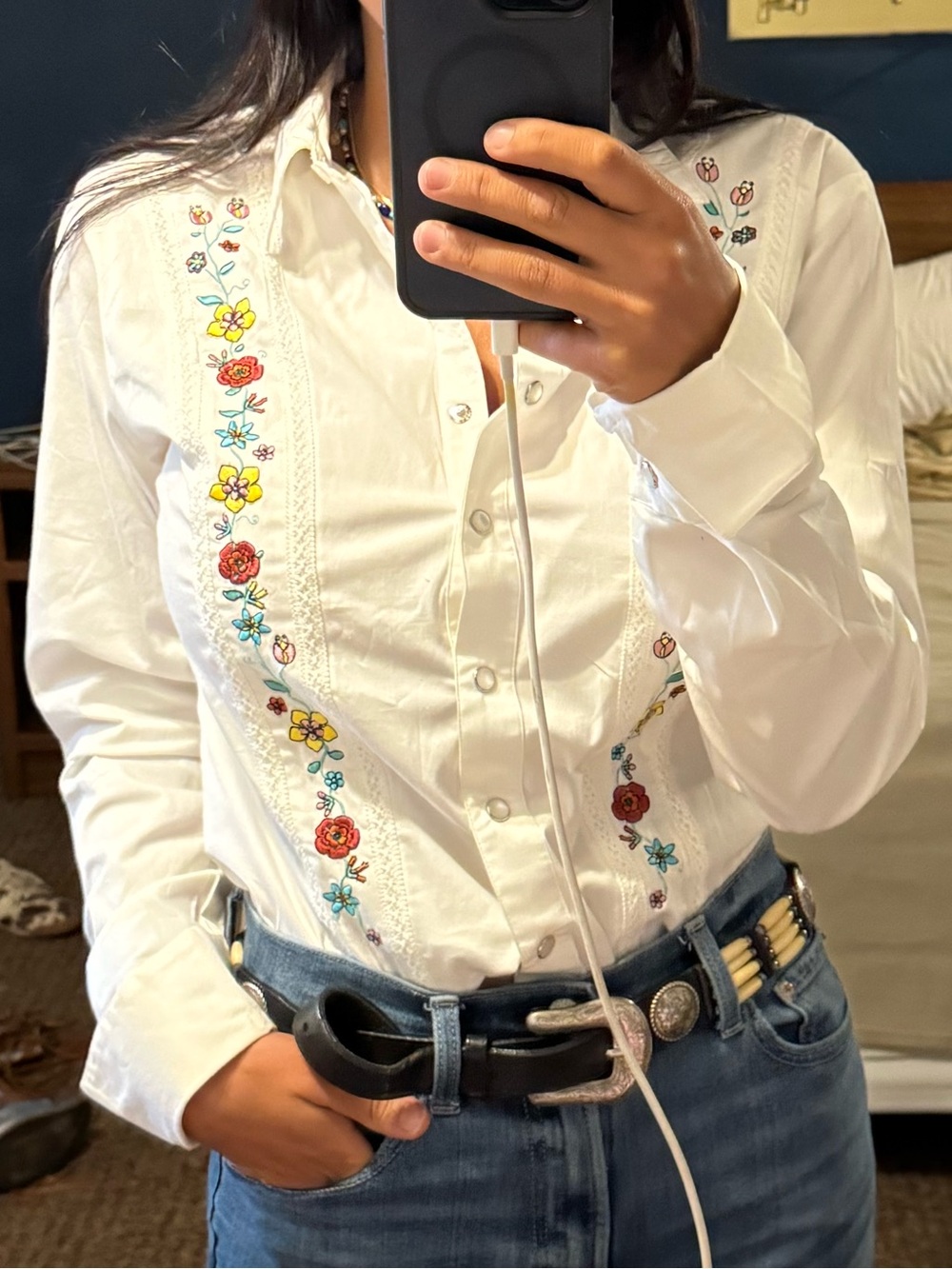 Embroidered White Western Shirt with Colorful Floral Accents